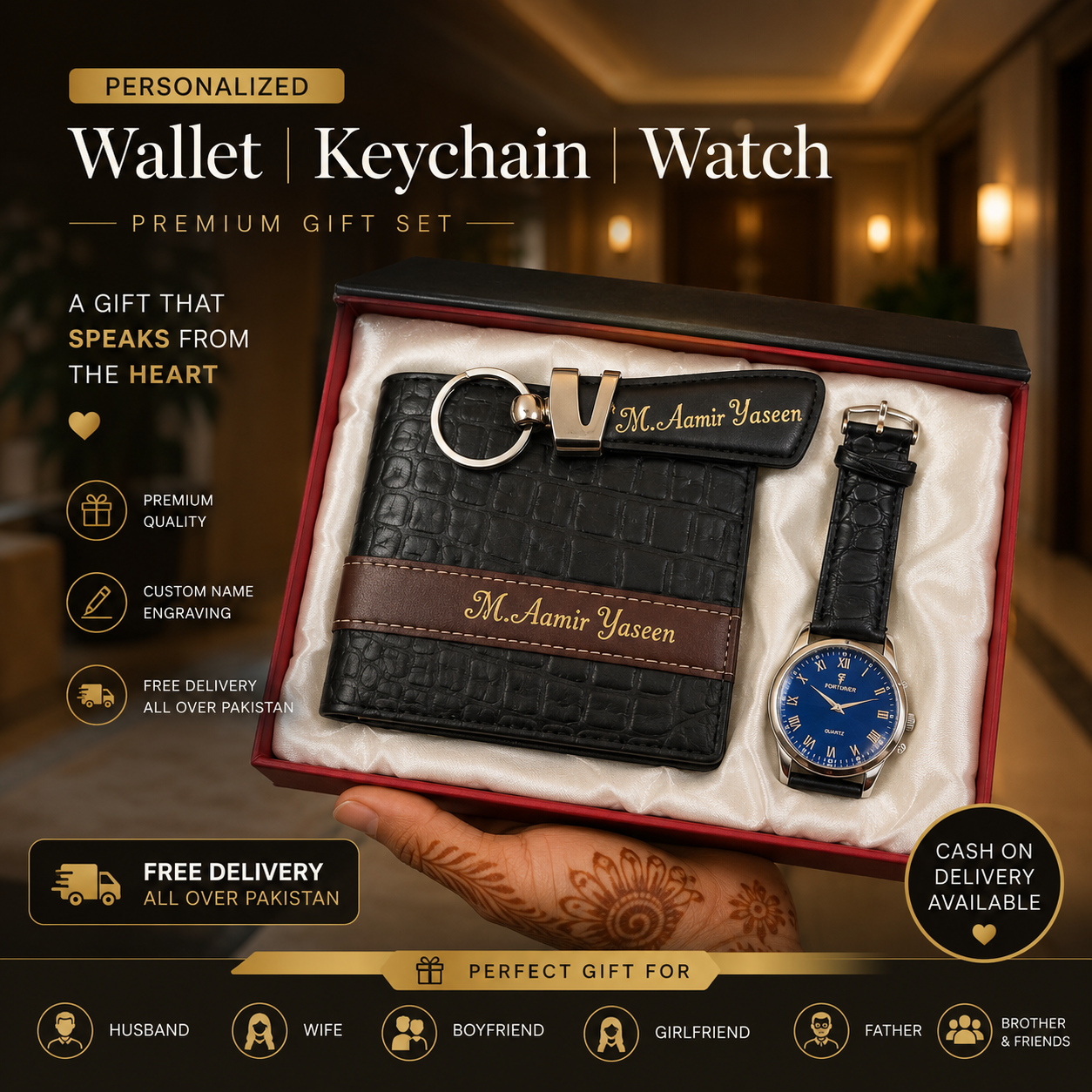 Personalized Leather Wallet, Keychain & Watch Gift Set