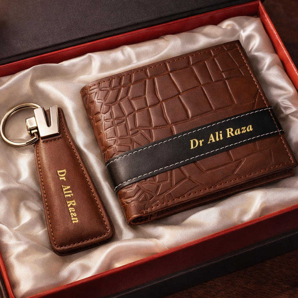 Personalized Leather Wallet & Keychain Gift Set