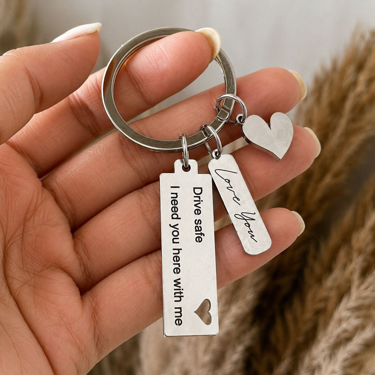 Drive Safe Personalized Multi-Charm Stainless Steel Keychain - GiftCity