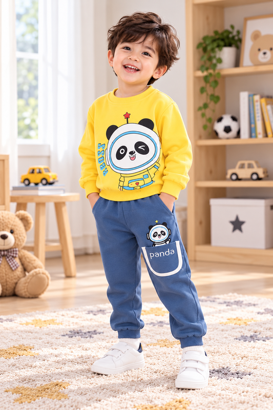 Boys Yellow Blue Panda printed fleece tracksuit set alternate angle