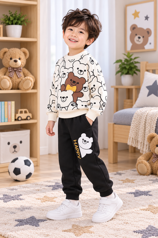 Boys White Black Bear printed fleece tracksuit set alternate angle