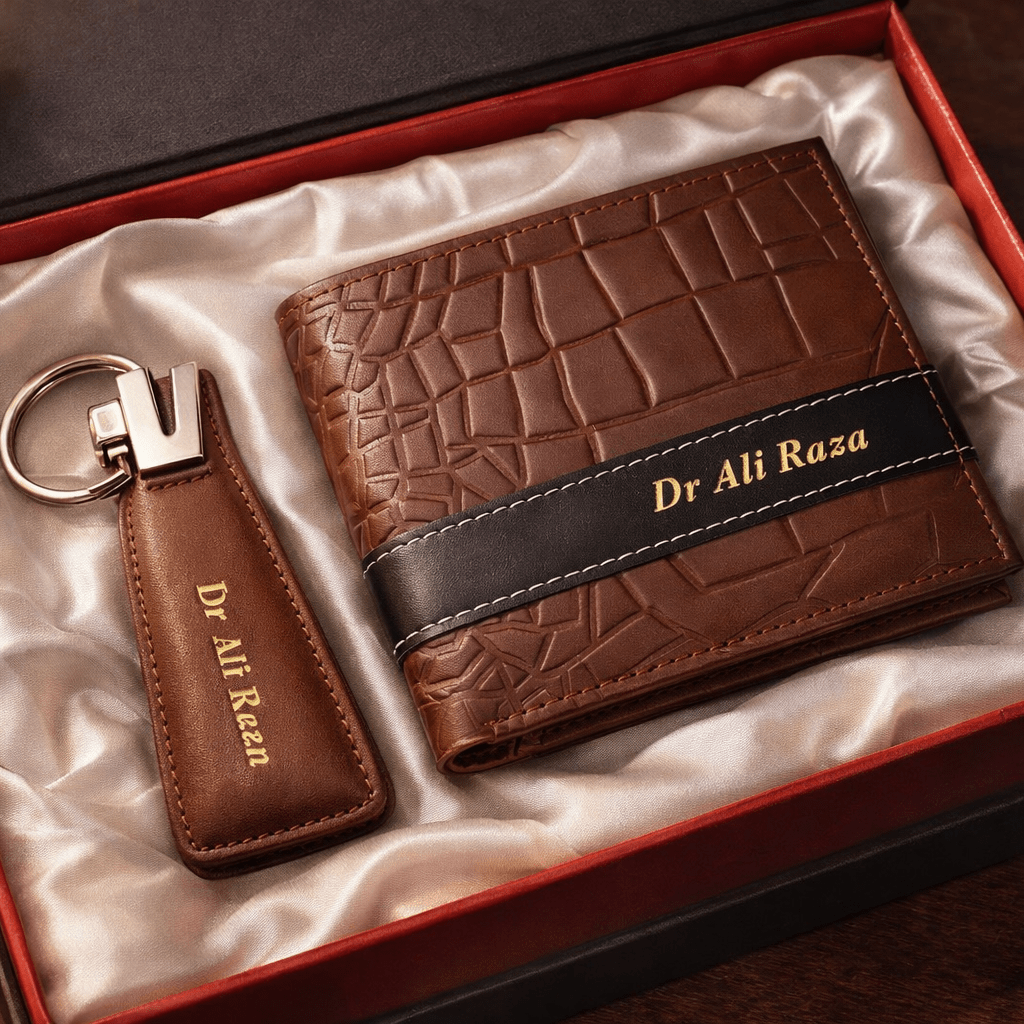 Personalized Leather Wallet & Keychain Gift Set - GiftCity