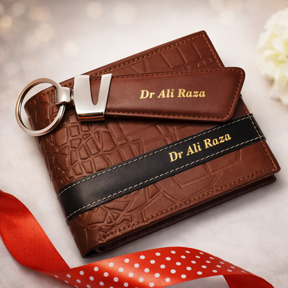 Personalized Leather Wallet & Keychain Gift Set