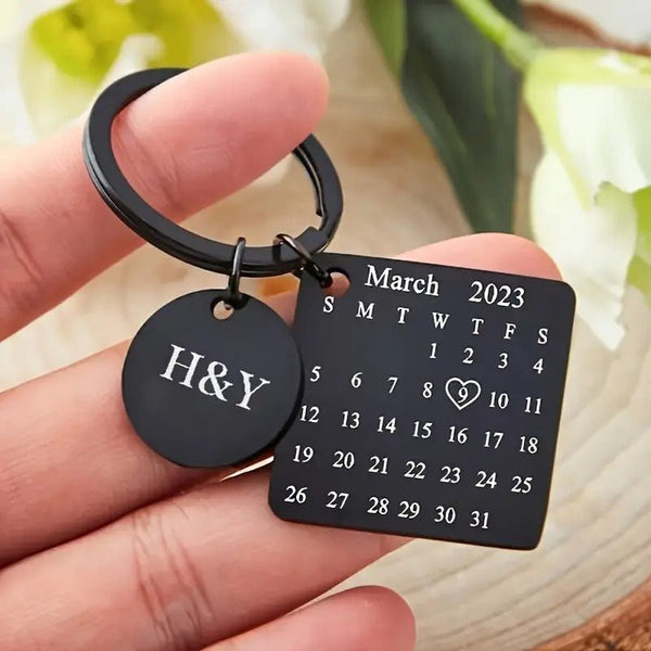 Customized Black Stainless Steel Calendar Keychain | Date Gift