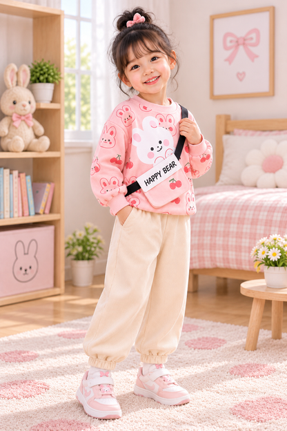 Girls Pink Bunny printed fleece tracksuit set alternate angle