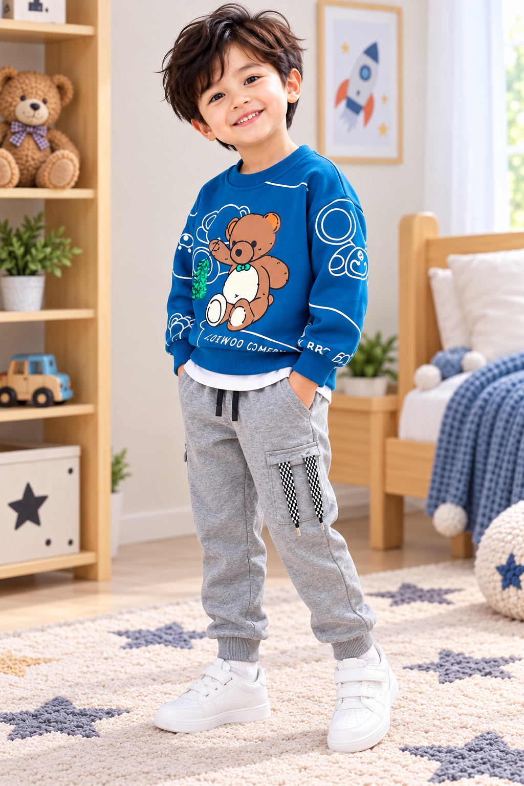 Boys Blue Teddy printed fleece tracksuit set alternate angle