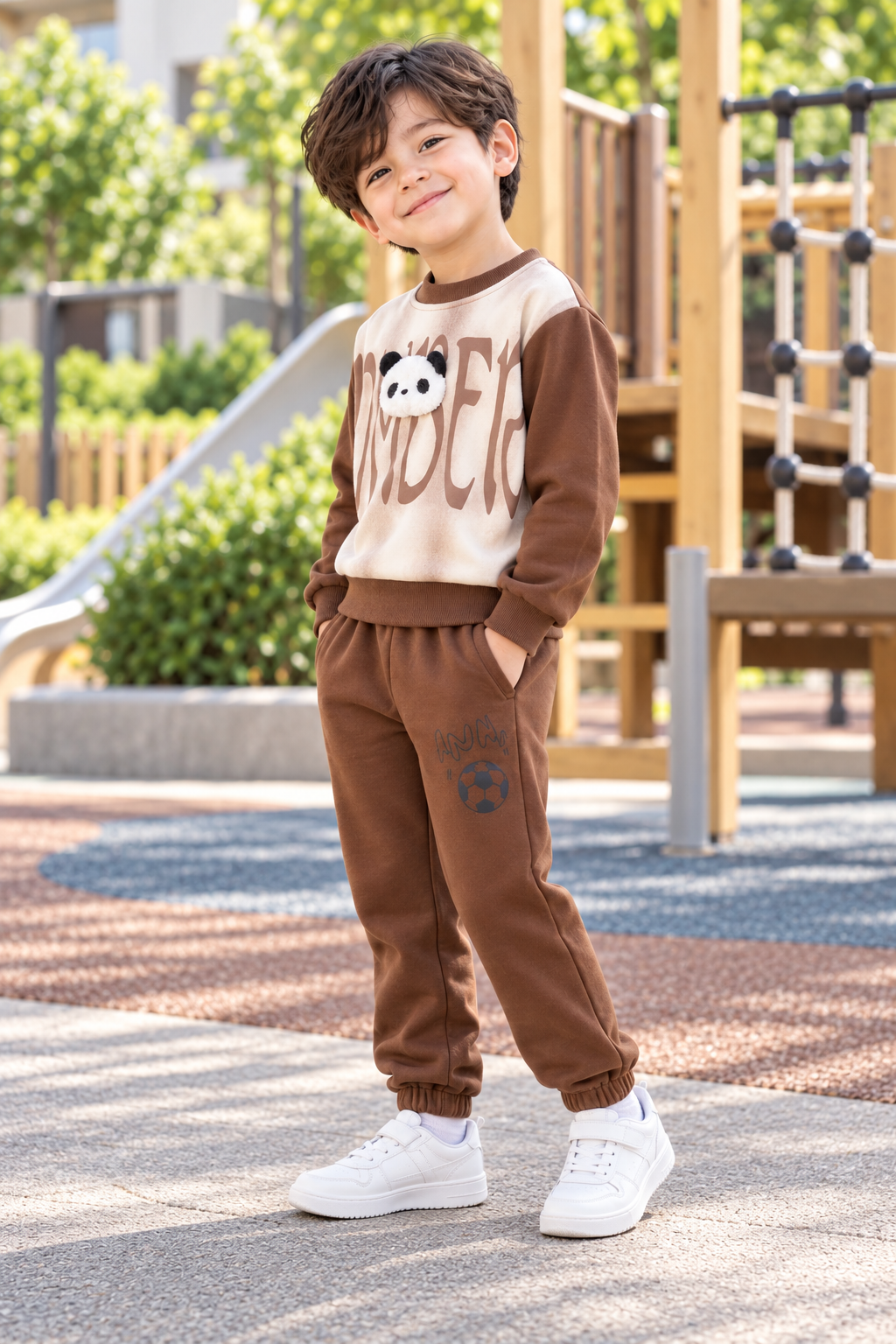 Boys Brown Panda printed fleece tracksuit set alternate angle