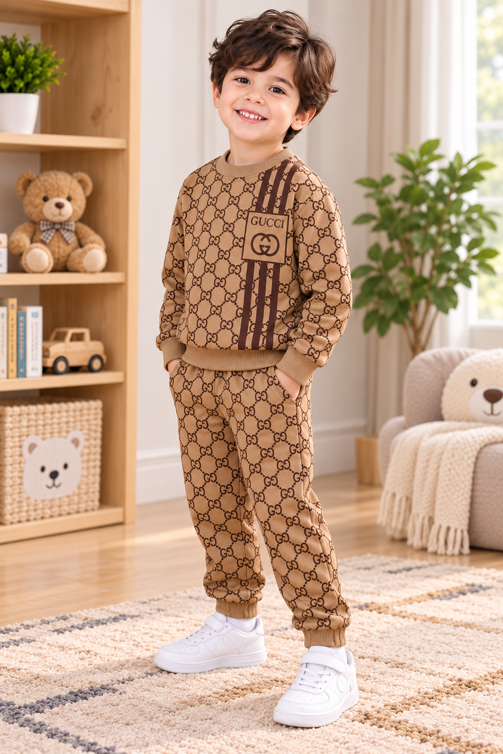 Boys Tan Monogram printed fleece tracksuit set alternate angle