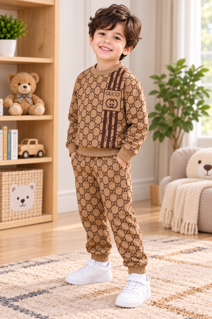 Boys Tan Monogram printed fleece tracksuit set alternate angle