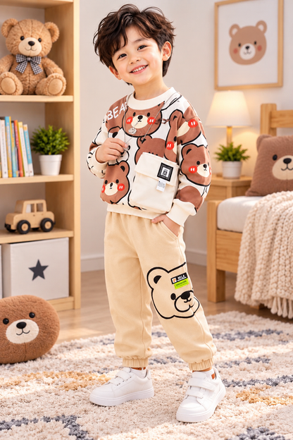 Boys Beige Bear printed fleece tracksuit set alternate angle