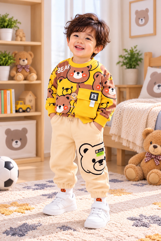Boys Yellow Bear printed fleece tracksuit set alternate angle