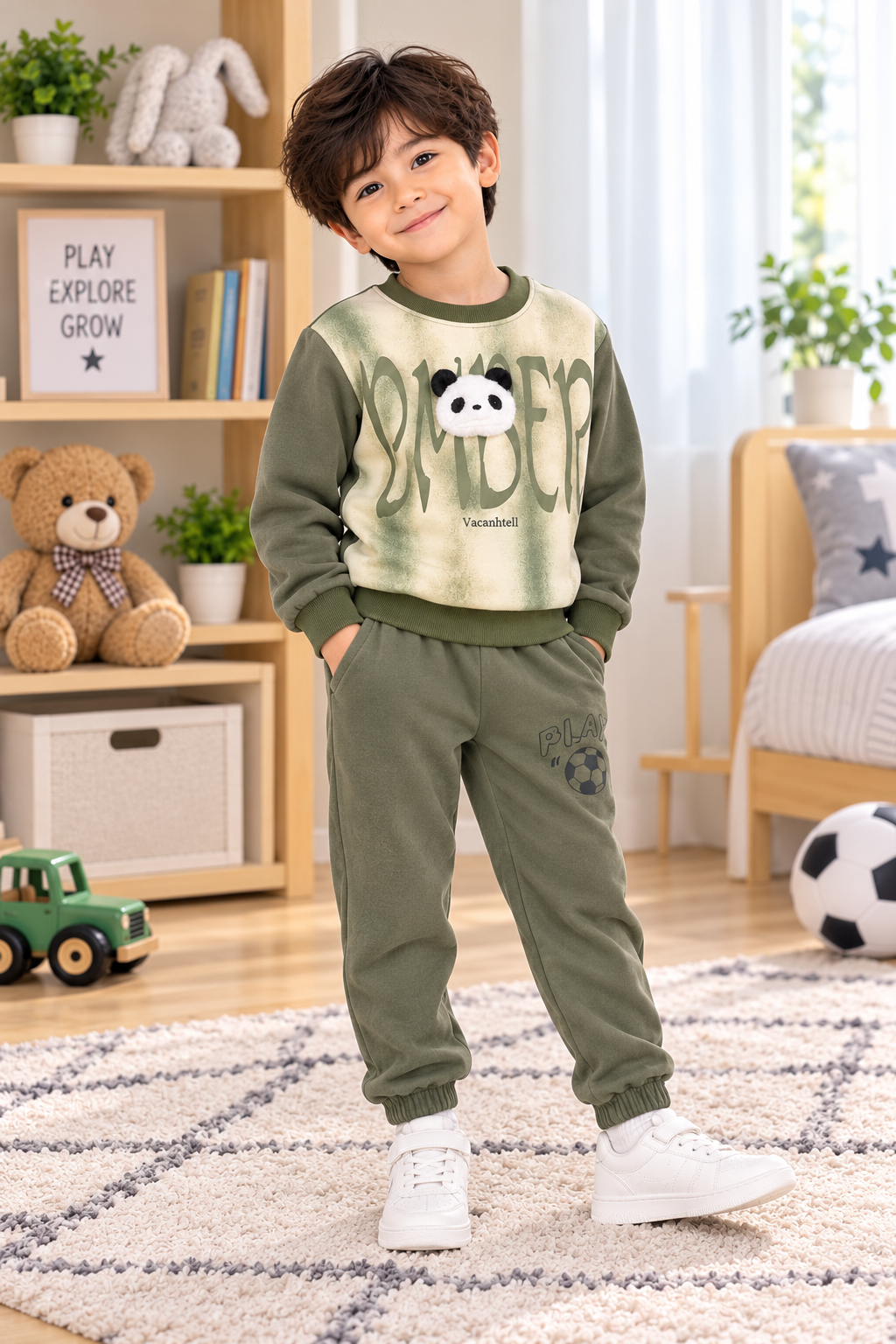 Boys Olive Panda printed fleece tracksuit set alternate angle