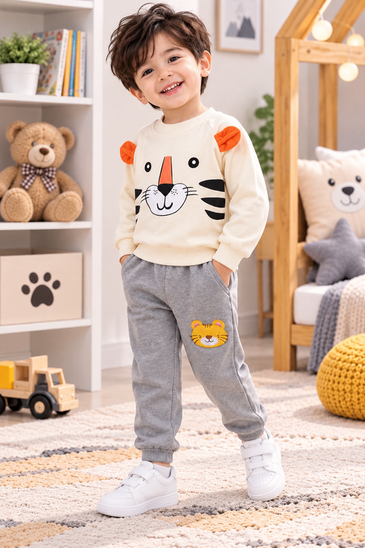 Boys Cream Tiger printed fleece tracksuit set alternate angle