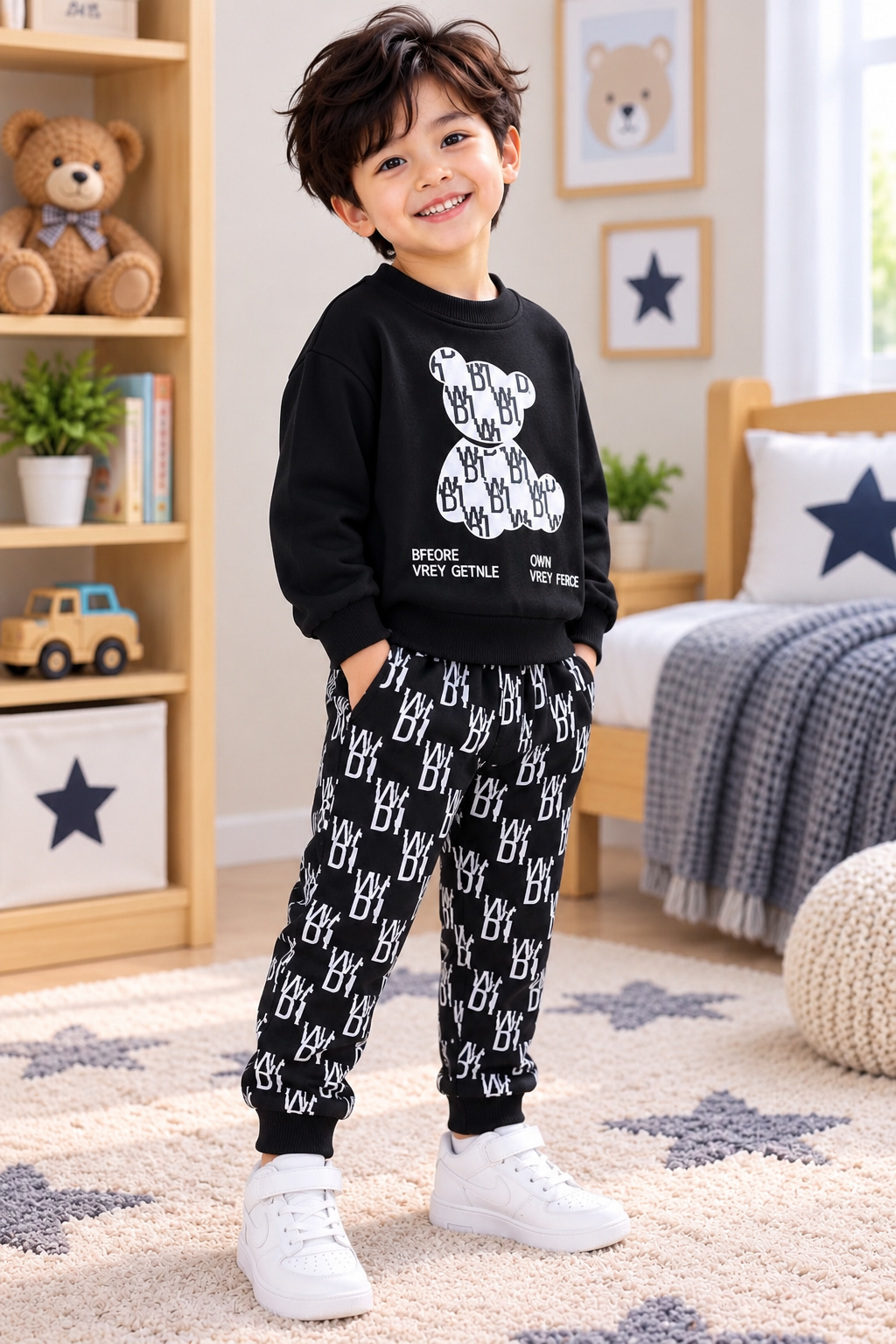 Boys Black Bear printed fleece tracksuit set alternate angle