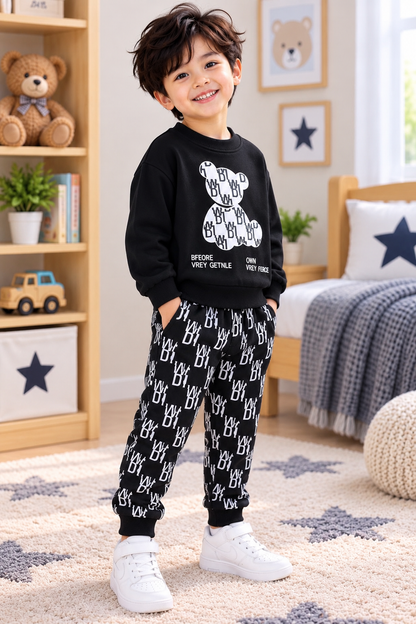 Boys Black Bear printed fleece tracksuit set alternate angle