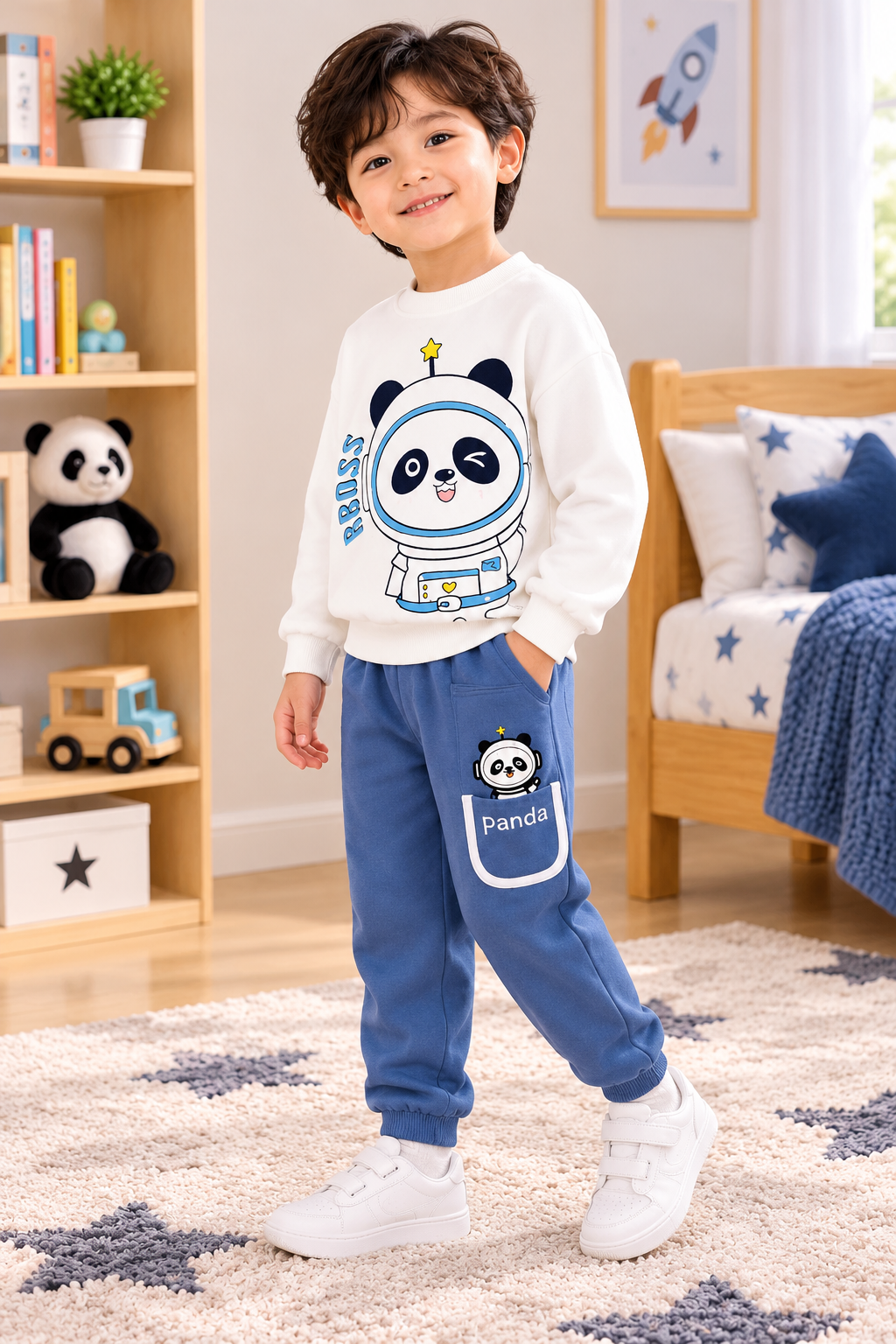 Boys White Blue Panda printed fleece tracksuit set alternate angle