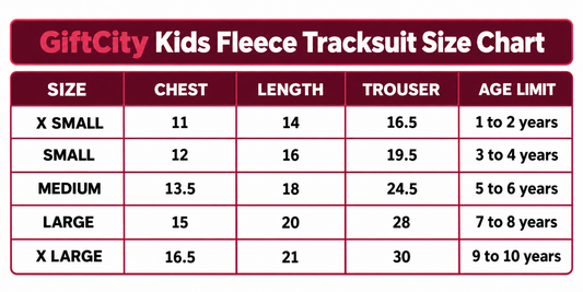 GiftCity kids fleece tracksuit size chart