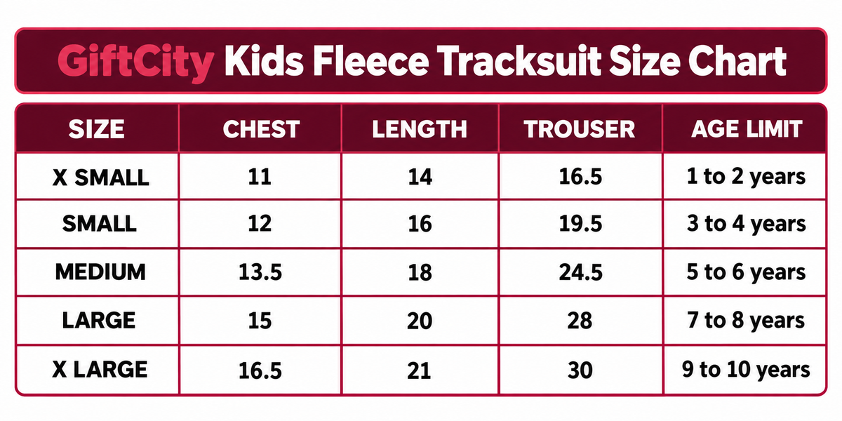 GiftCity kids fleece tracksuit size chart