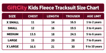 GiftCity kids fleece tracksuit size chart