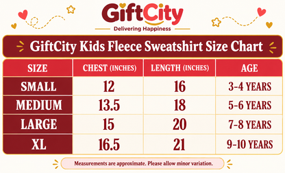 GiftCity kids fleece sweatshirt size chart ages 3 to 10 years