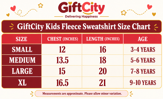 GiftCity kids fleece sweatshirt size chart ages 3 to 10 years