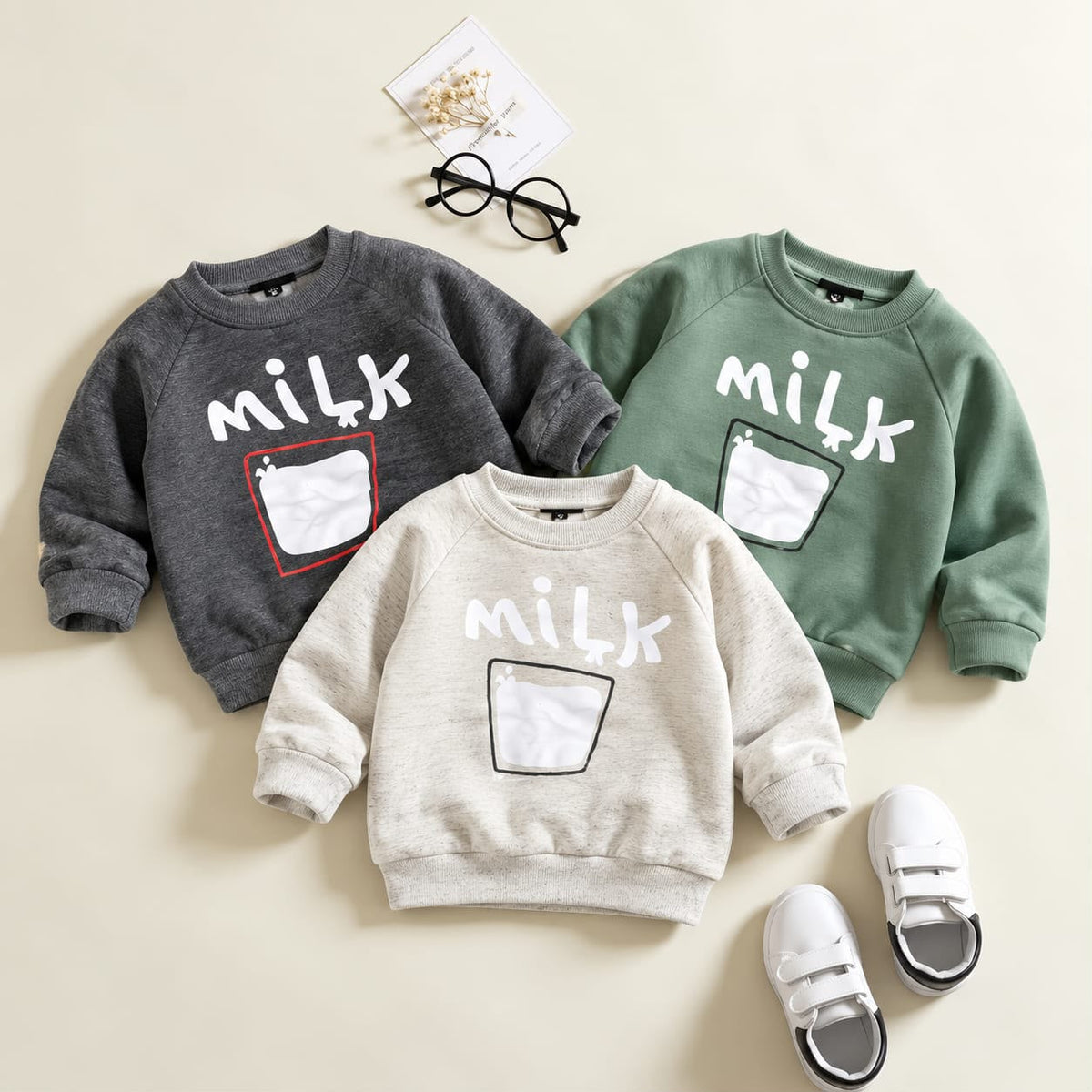 Kids pack of 3 milk printed fleece sweatshirts