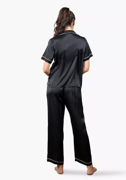 Women's black imported China silk night suit back view