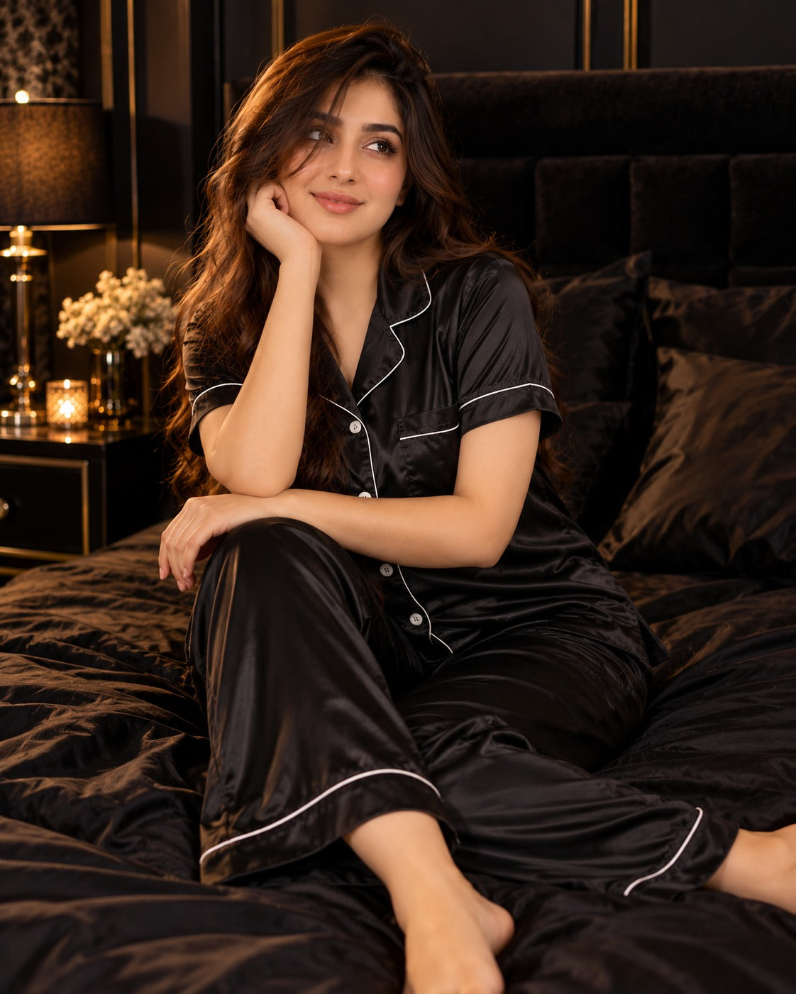 Women's black imported China silk night suit lifestyle view