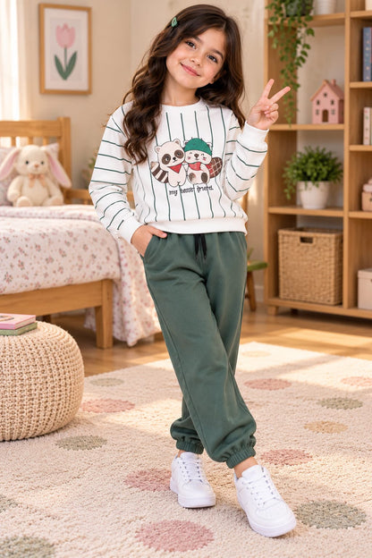 Girls white green printed fleece tracksuit