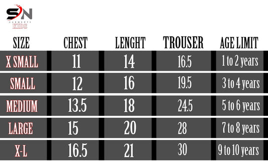 Kids winter tracksuit size chart