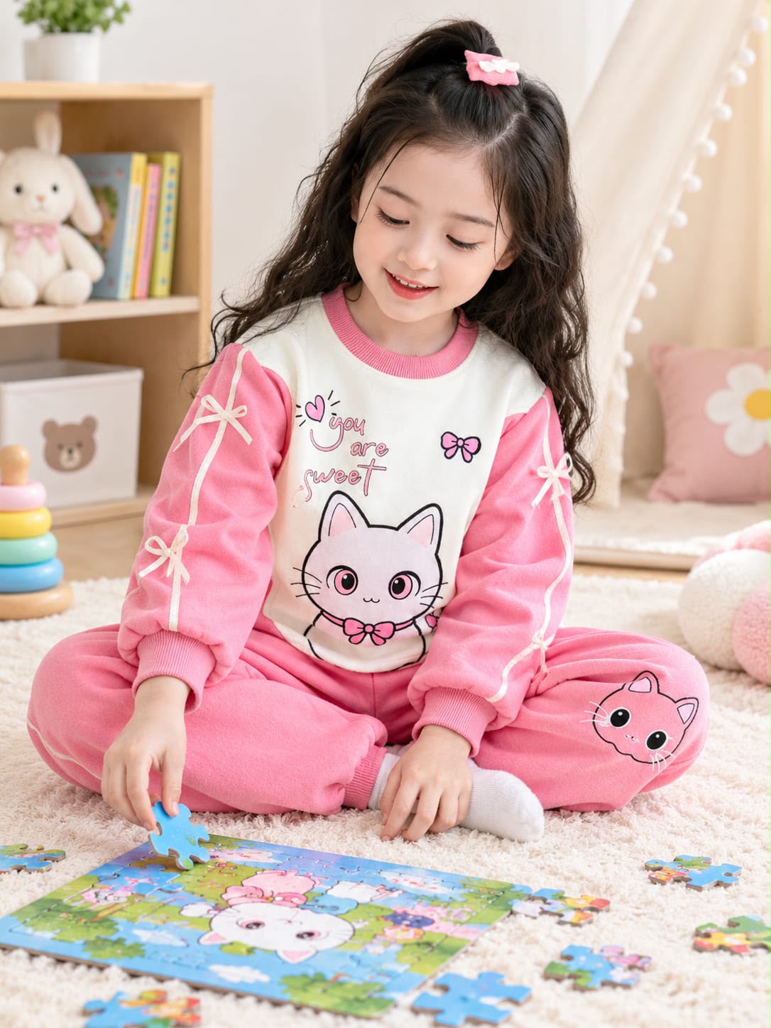 Pink cat print kids winter tracksuit