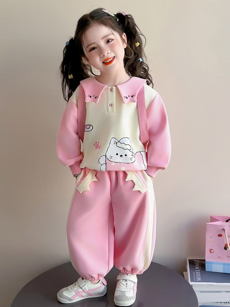 Pink bear print kids winter tracksuit