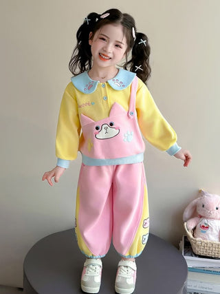 Girls Pink Yellow Cartoon Winter Tracksuit Set