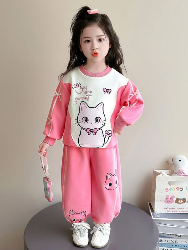 Girls Pink Cat Print Winter Tracksuit Set
