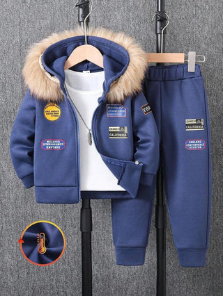 Kids Navy Blue Fur Hood Winter Tracksuit Set