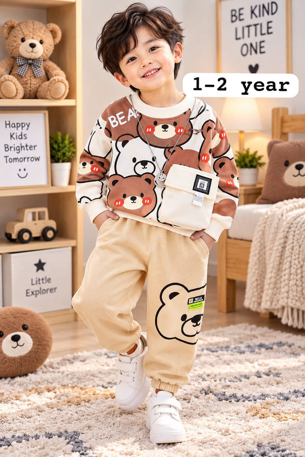 Boys Beige Bear Printed Fleece Tracksuit Set