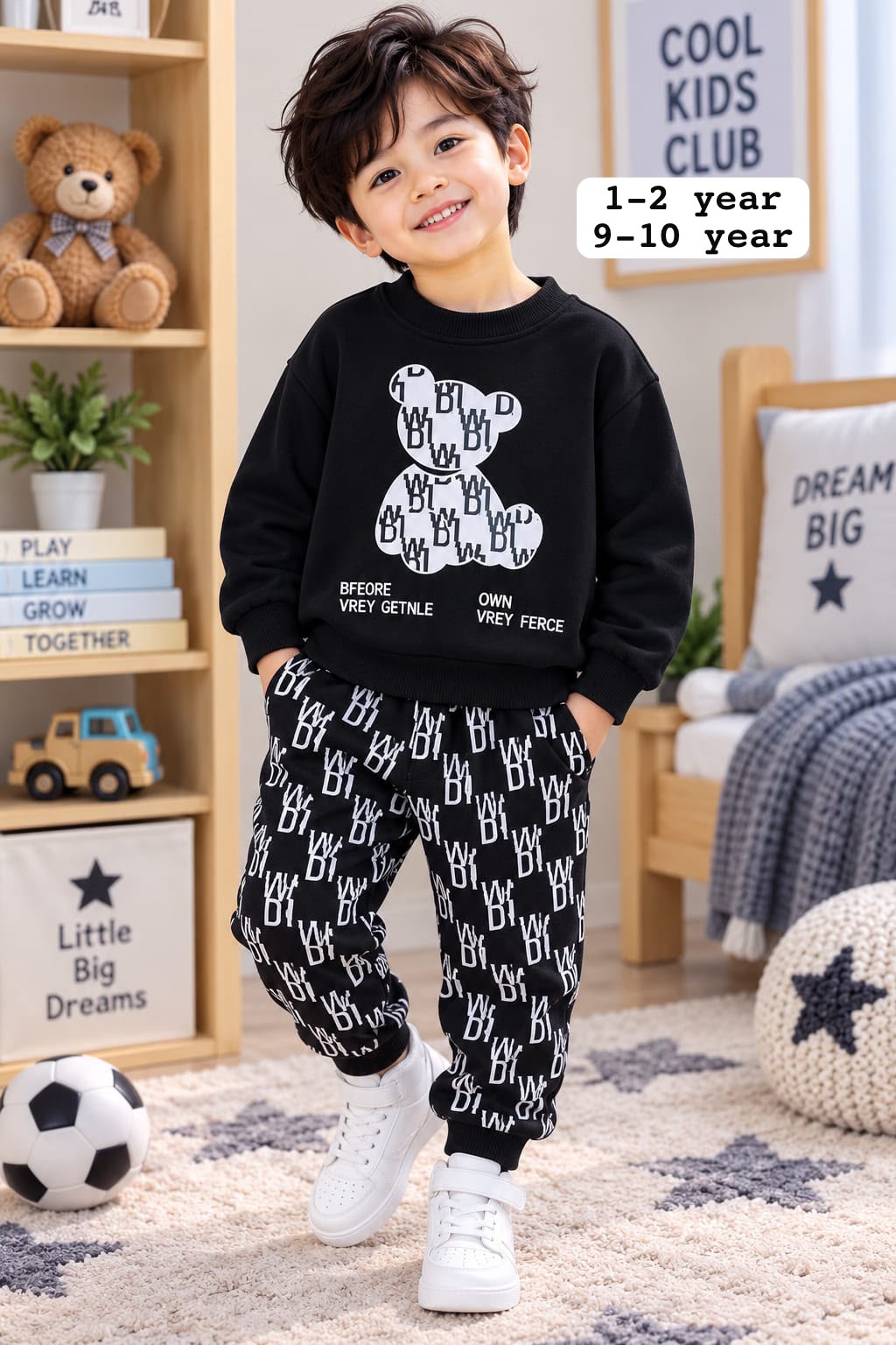 Boys Black Bear Printed Fleece Tracksuit Set