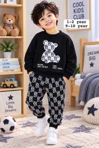Boys Black Bear Printed Fleece Tracksuit Set