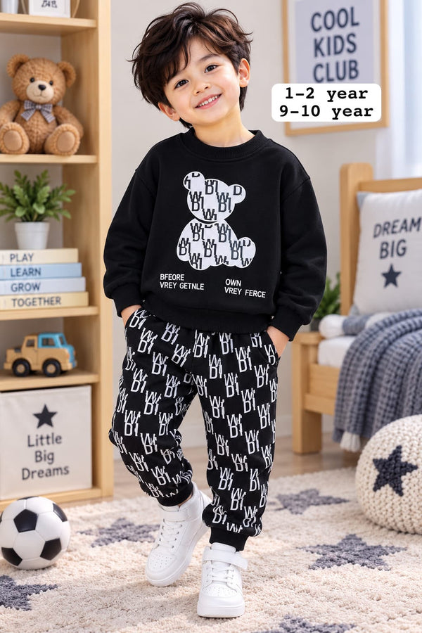 Boys Black Bear Printed Fleece Tracksuit Set