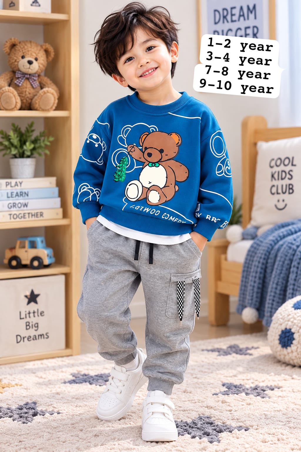 Boys Blue Teddy Printed Fleece Tracksuit Set