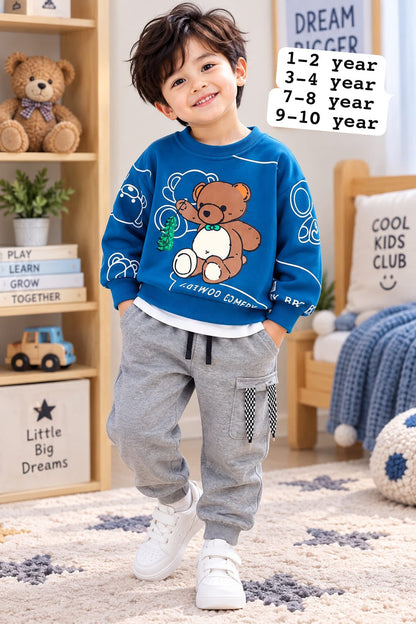 Boys Blue Teddy Printed Fleece Tracksuit Set