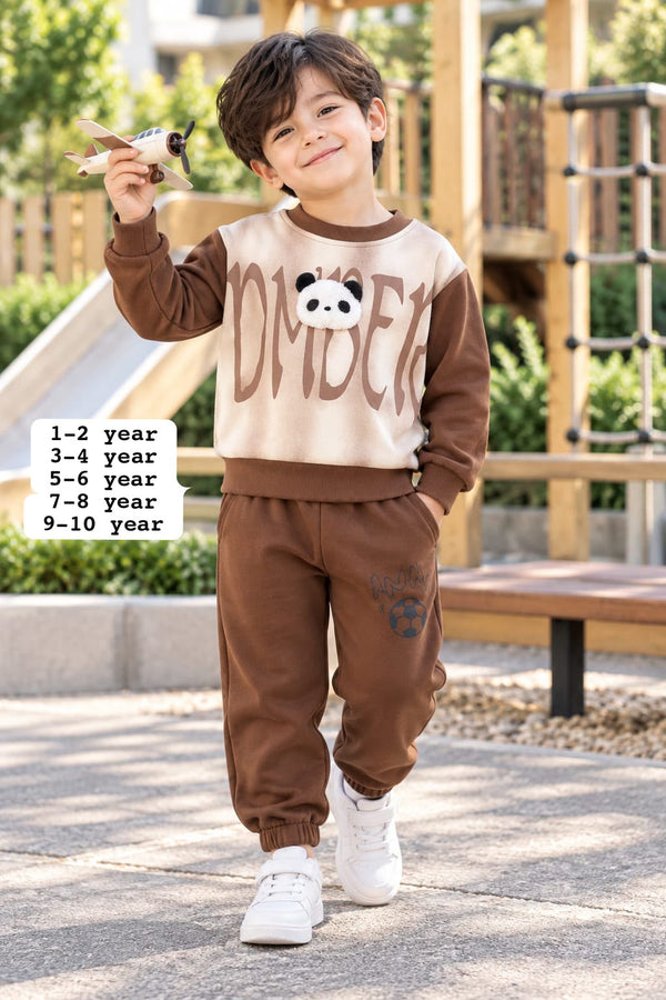 Boys Brown Panda Printed Fleece Tracksuit Set