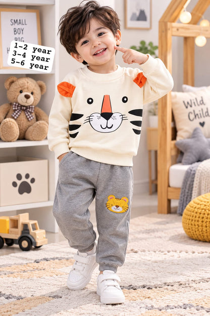 Boys Cream Tiger Printed Fleece Tracksuit Set