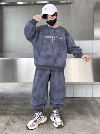 Kids Light Grey Printed Fleece Tracksuit Set