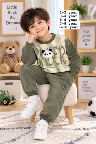 Boys Olive Panda Printed Fleece Tracksuit Set