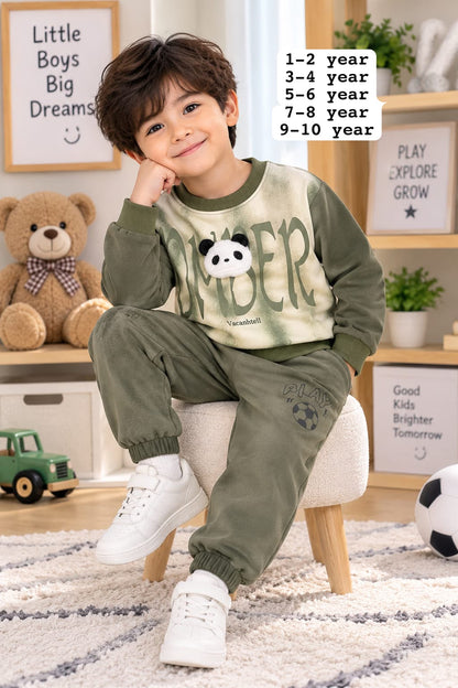 Boys Olive Panda Printed Fleece Tracksuit Set