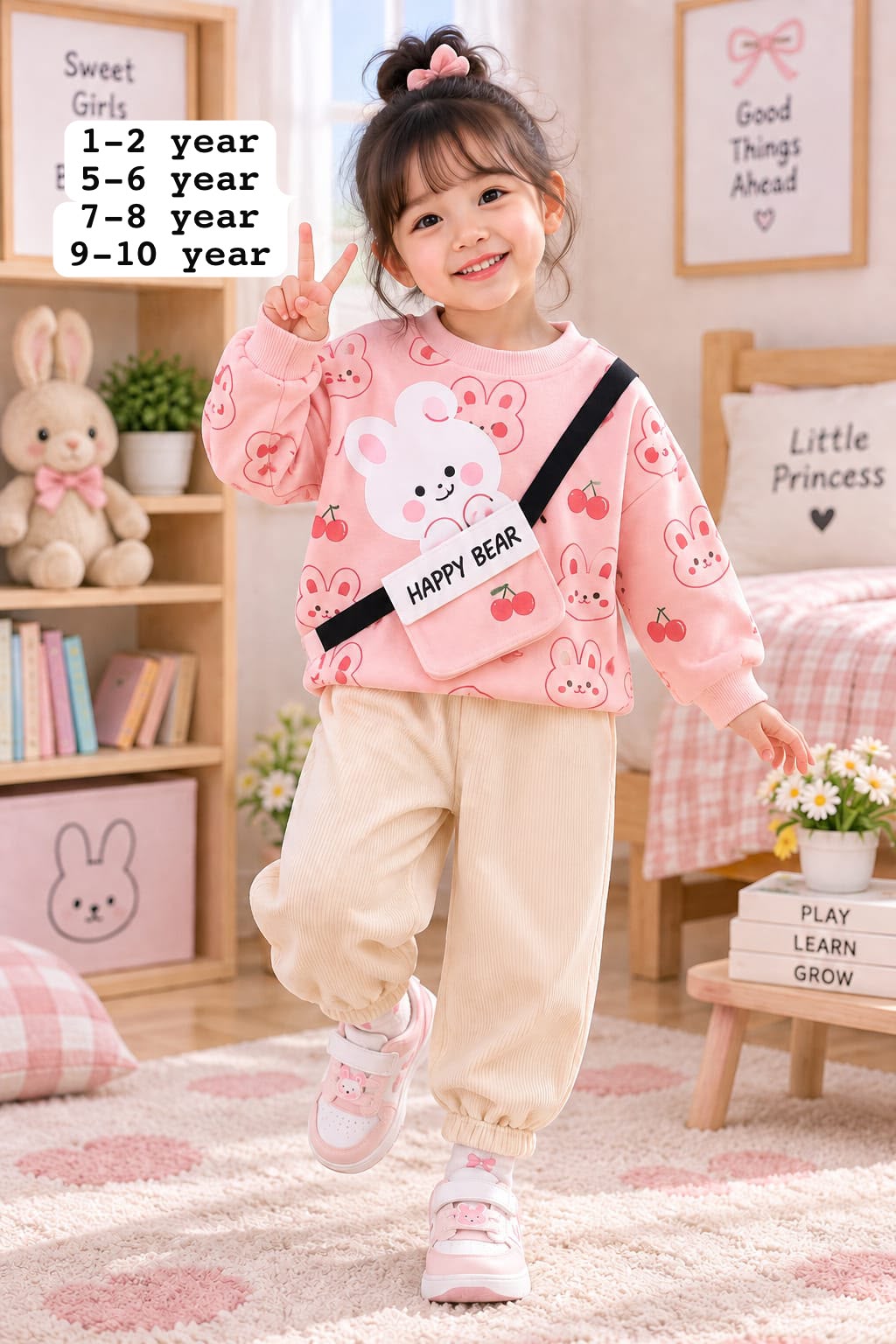 Girls Pink Bunny Printed Fleece Tracksuit Set