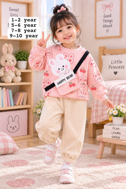 Girls Pink Bunny Printed Fleece Tracksuit Set