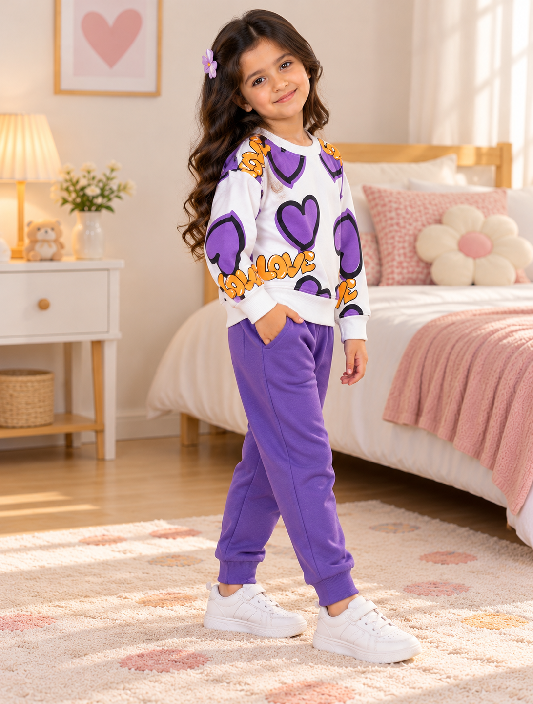 Kids purple and white heart print three fleece tracksuit - alternate angle