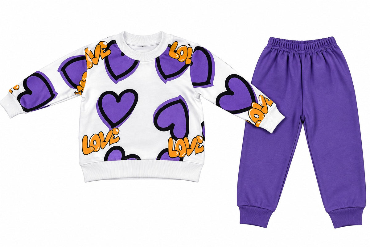 Kids purple and white heart print three fleece tracksuit - product flat lay